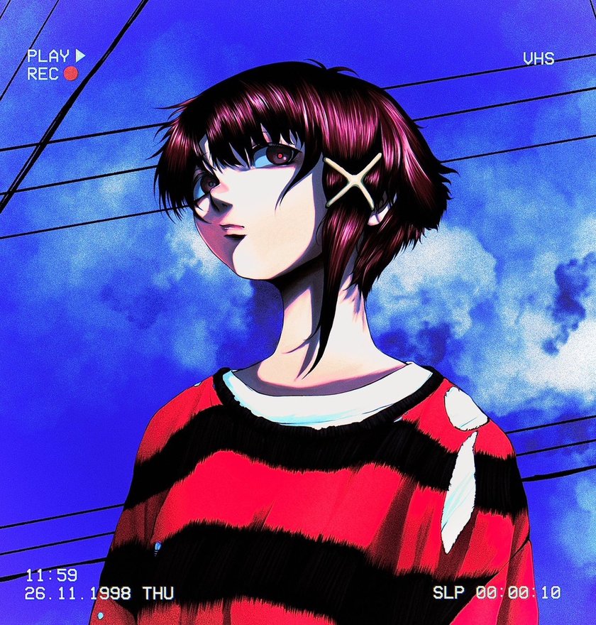 插画：蓝天与电线下，穿红黑条纹毛衣、戴 X 形发夹的短发女孩，画面带 VHS 录像字样